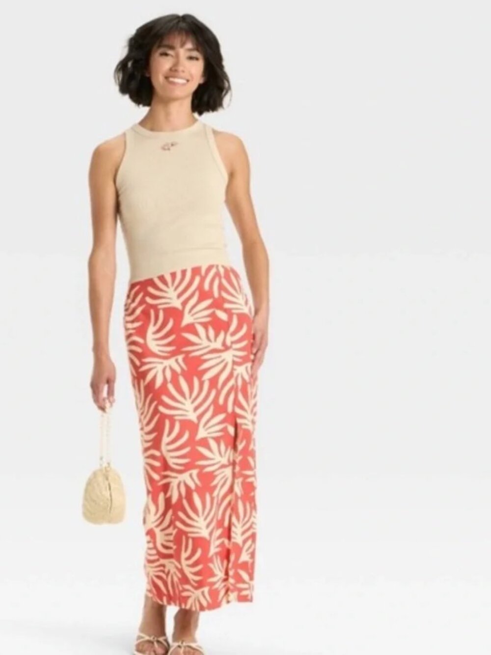 A New Day Coral Tropical Leaf Print Pull-On Midi Skirt Size Small